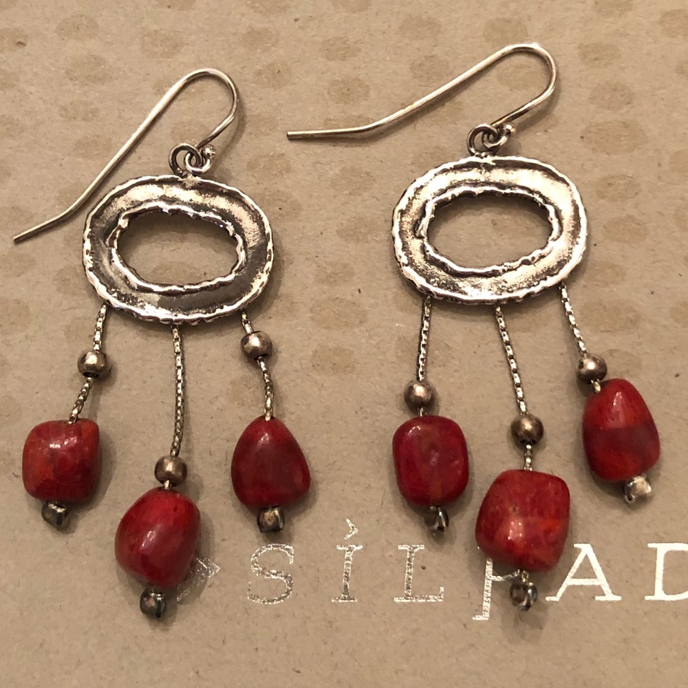 Rare Vintage Silpada Sterling Silver Red Drop Coral Earrings W1142